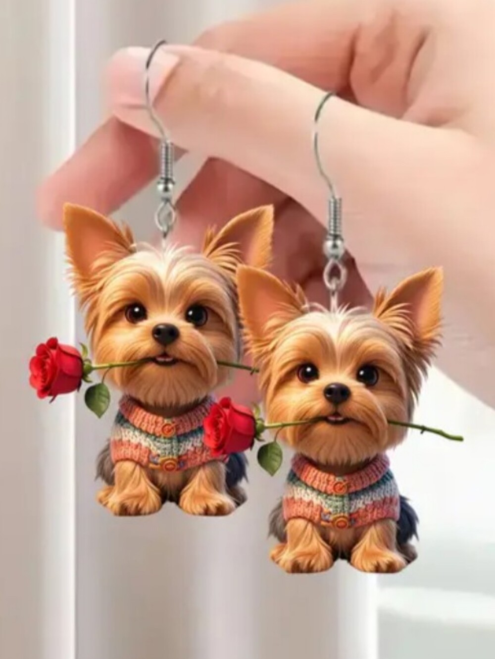 Hand Crafted Yorkie Puppy Earrings with Red Rose